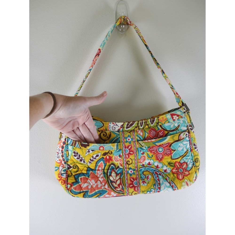 Vera Bradley Sun Valley Quilted Floral Shoulder Bag Yellow Paisley Baguette - Picture 2 of 7